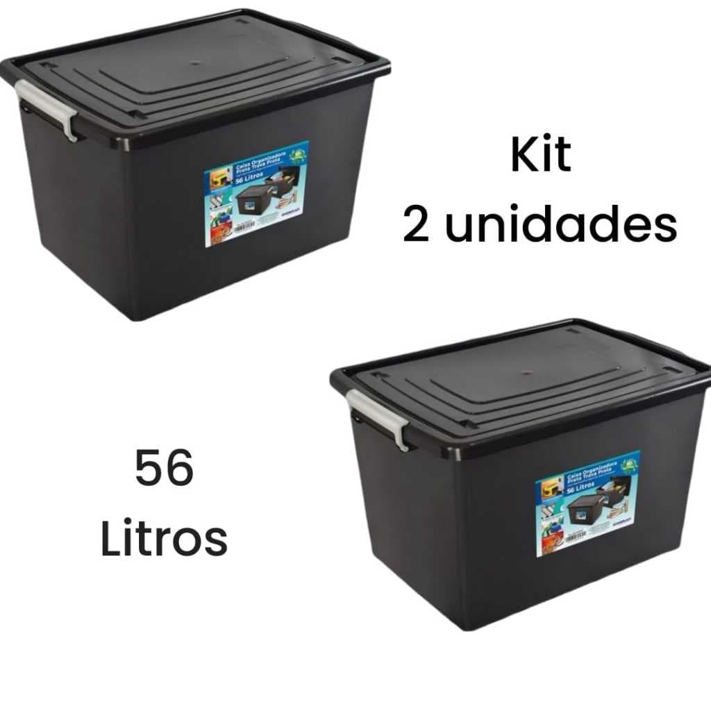 Kit com 2 caixas organizadoras pretas de 56 litros com tampa e trava