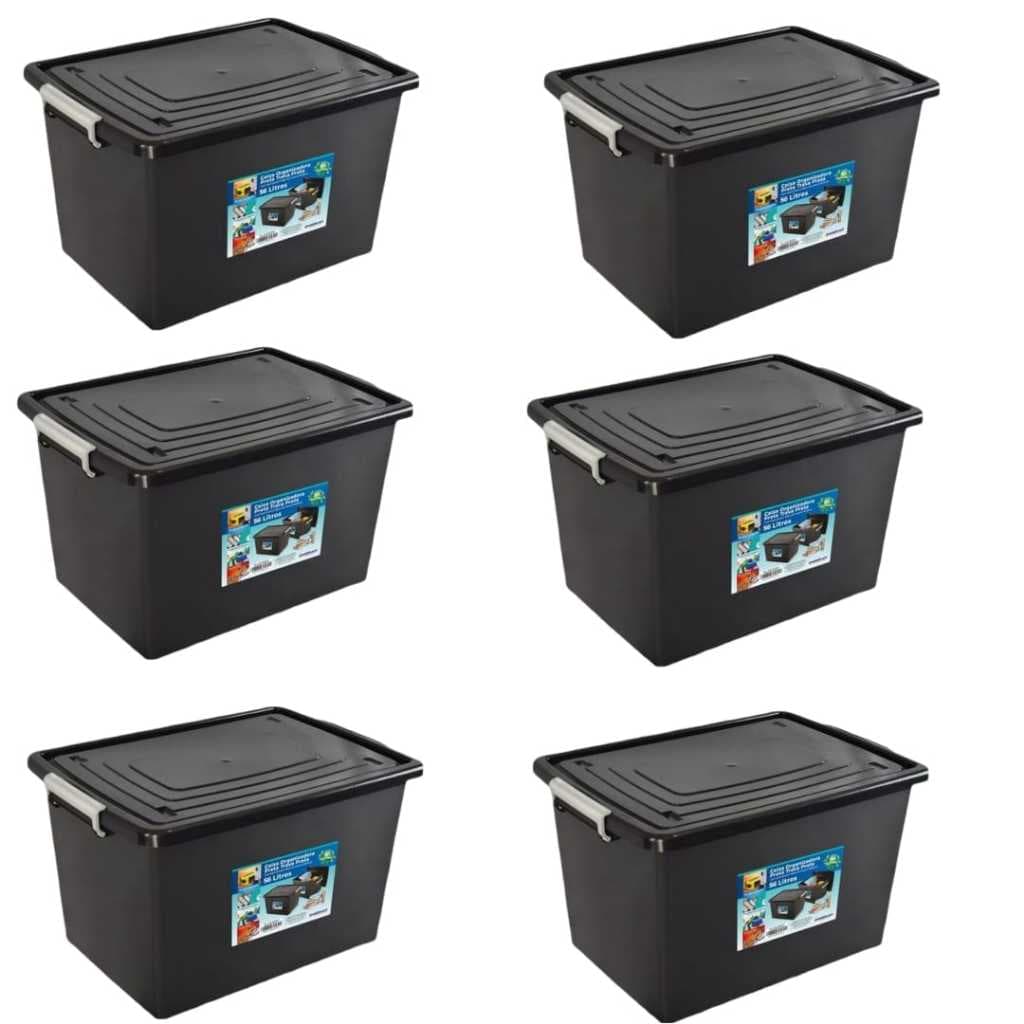 Kit 6 Caixas Organizadoras Container Preta Com Tampa e Trava 56 Litros Cesto Organizador Preto
