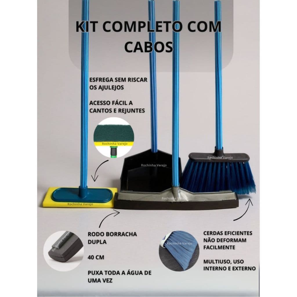 Kit limpeza com vassoura rodo duplo pá lixo esfregão azulejo cabos azuis