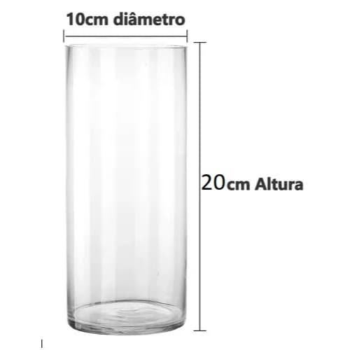 Vaso de vidro cilíndrico transparente com 10cm de diâmetro e 20cm de altura