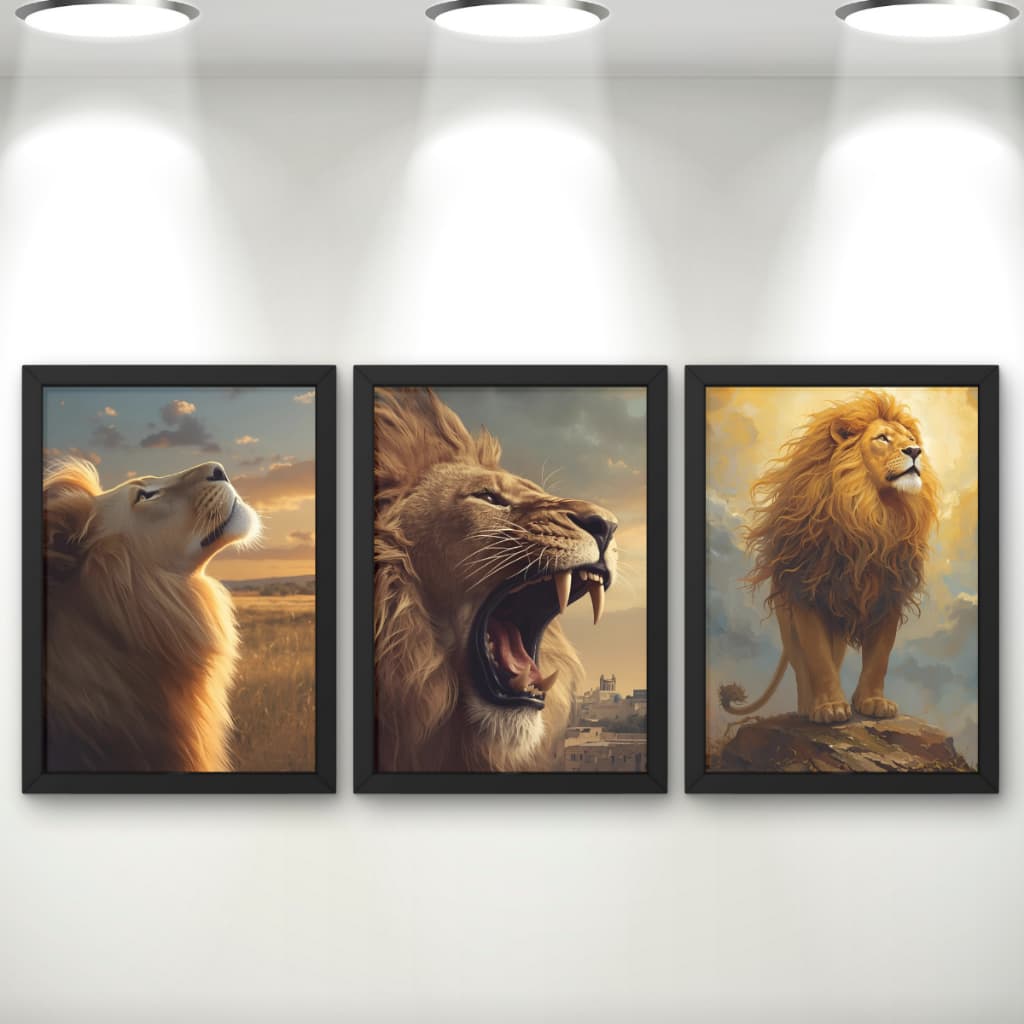 Três quadros decorativos com leões em fundo amarelo e azul