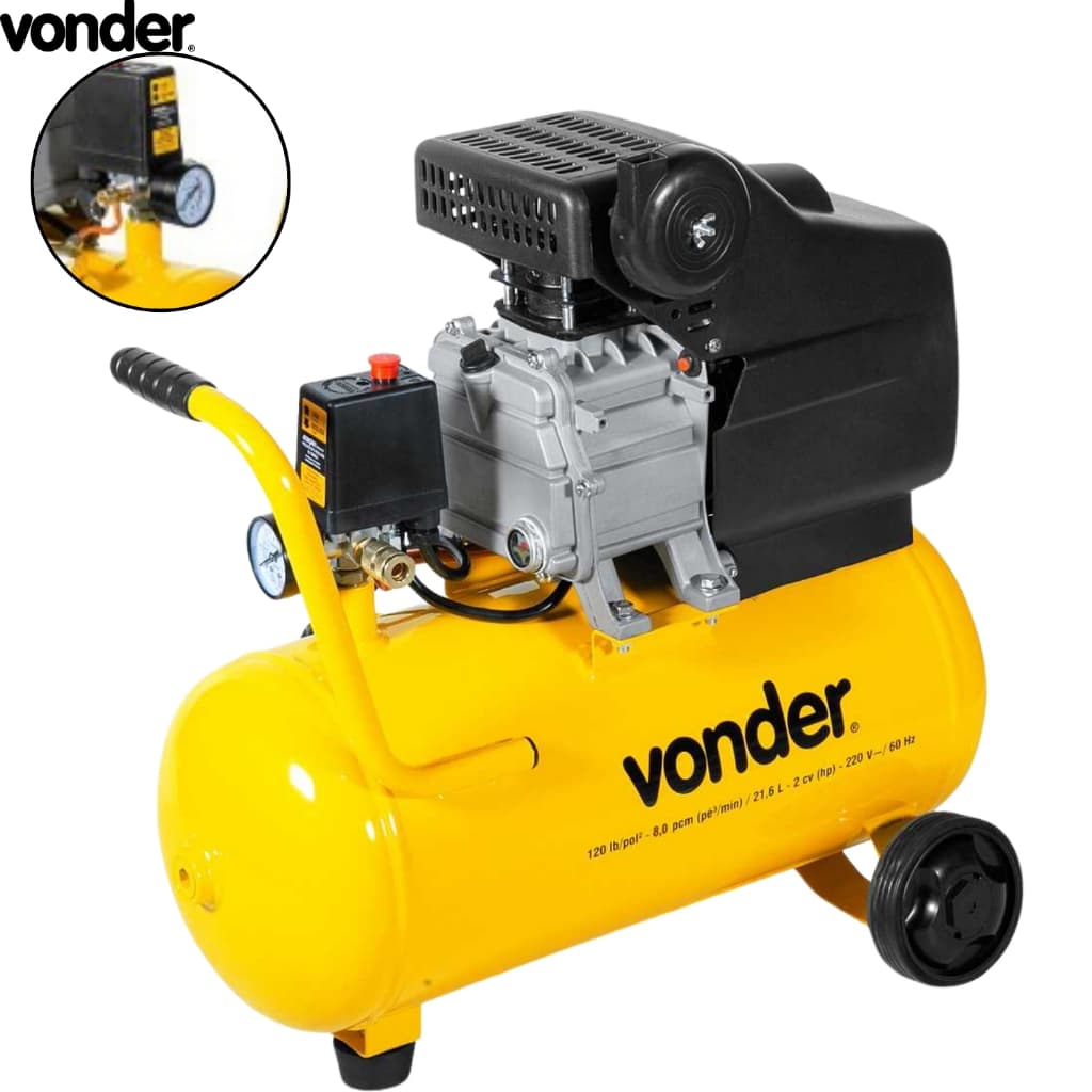 Compresor de ar elétrico monofásico Vonder 220V ou 127V, capacidade 21,6 litros, amarela com preto e cinza