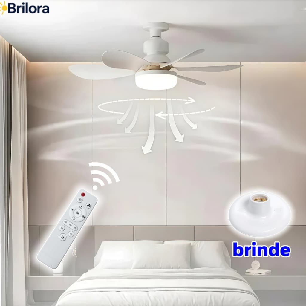 Ventilador de teto turbo silencioso oval com LED, controle remoto e lâmpada E27