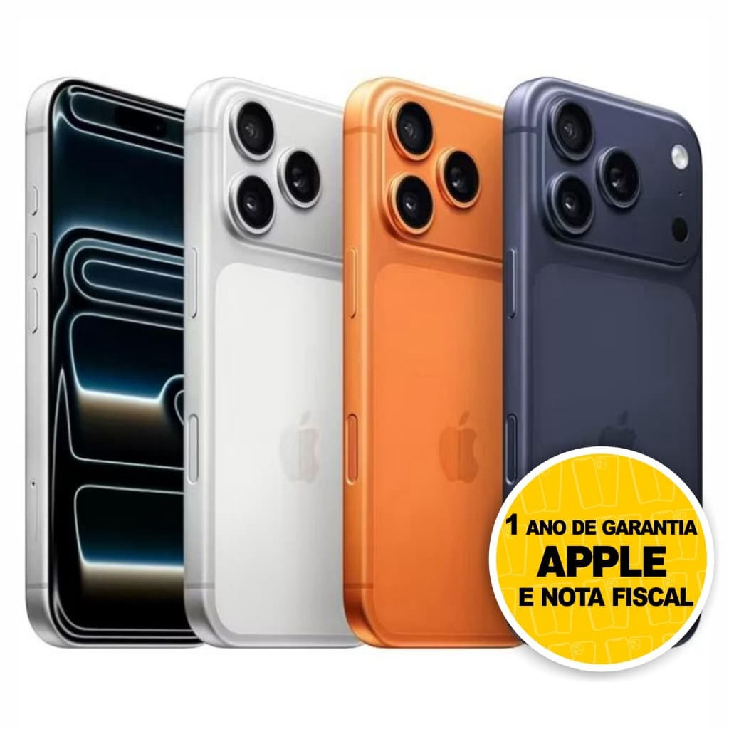 iPhone 17 Pro e Pro Max em cores preto, branco, laranja e azul com garantia Apple