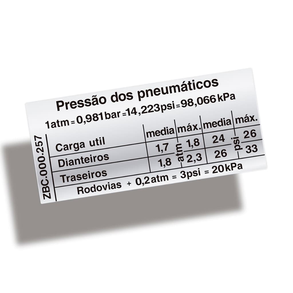 Adesivo Pressão Pneus VW Santana e Quantum 185/70 R13 (ZBC.000.257)
