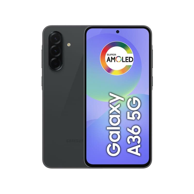 Smartphone Samsung Galaxy A36 5G preto com tela Super AMOLED e câmera tripla traseira