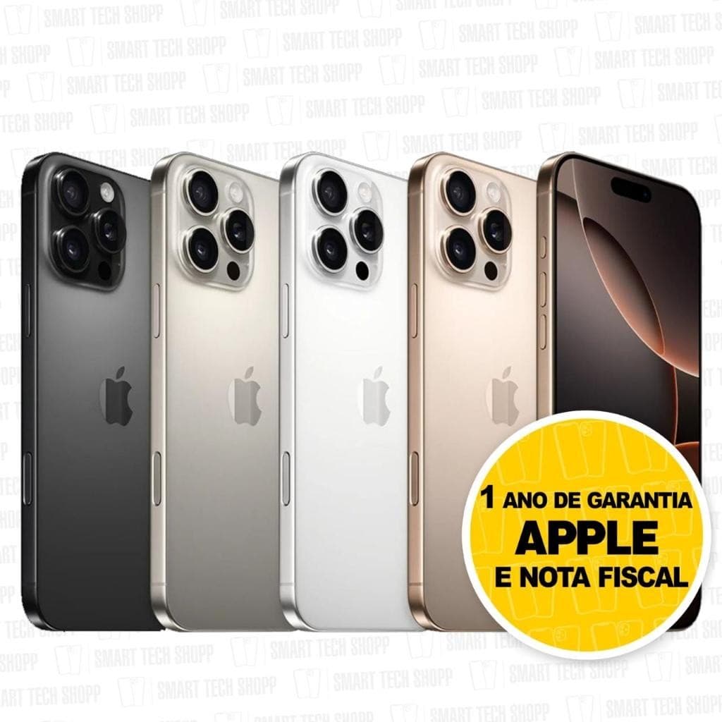 iPhone 16 Pro e Pro Max 5G, cores preto, prata, ouro e rosa, câmera traseira tripla, logotipo da Apple, 1 ano de garantia Apple e nota fiscal