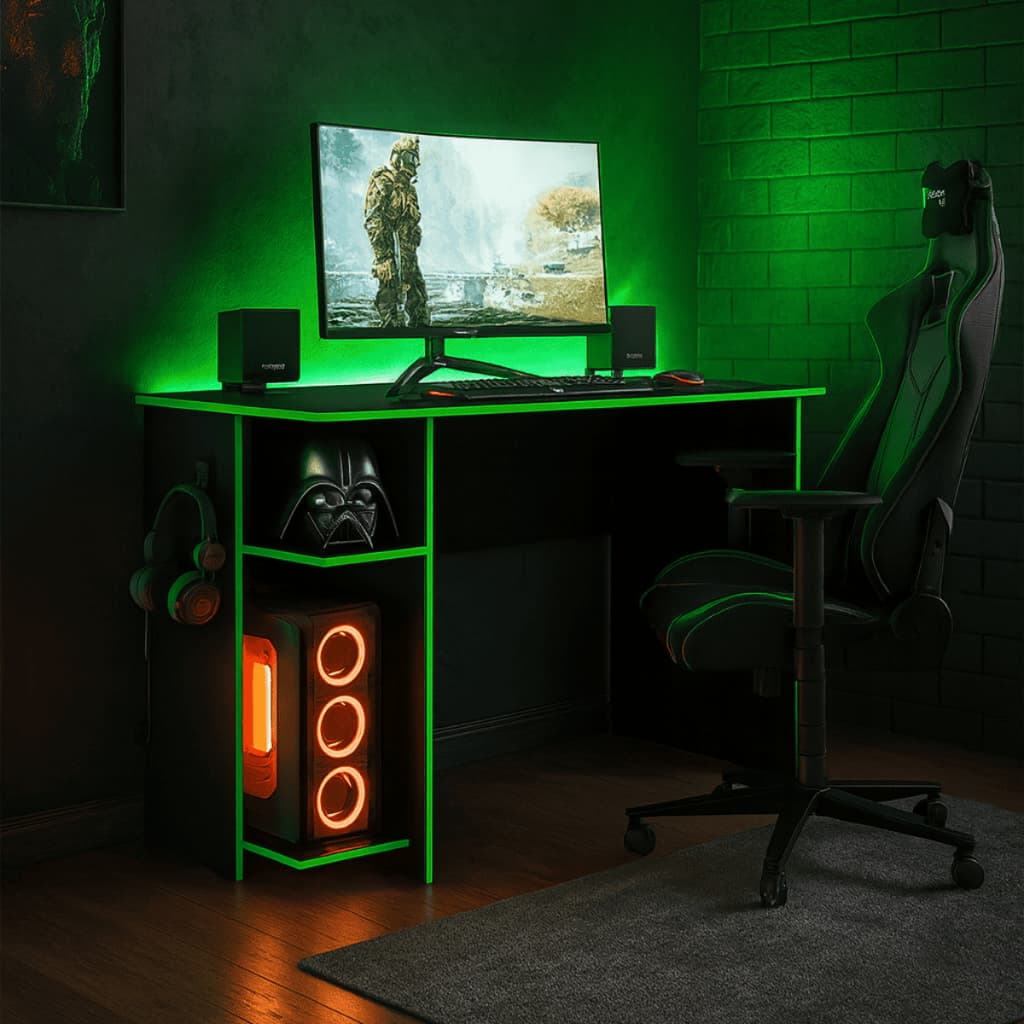 Escrivaninha gamer preta com detalhes neon verdes e suporte para fone de ouvido