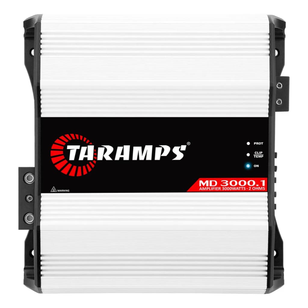 Modulo Amplificador MD 3000 4 Ohms Taramps, preto e branco, com logotipo vermelho e controles digitais.