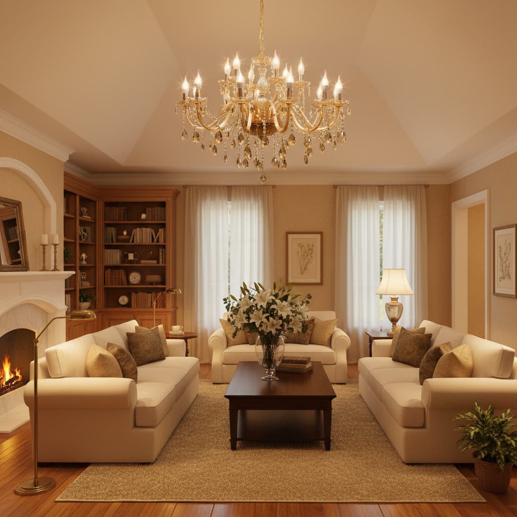 Lustre de cristal luxuoso ambar com 18 braços em uma sala de estar sofisticada