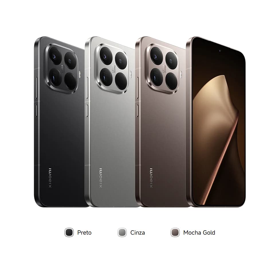 Smartphone Xiaomi 15T Pro 5G em Preto, Cinza e Mocha Gold, mostrando câmeras traseiras e frente.