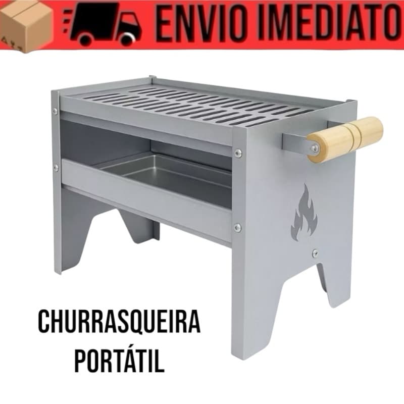 Churrasqueira galvanizada pequena e portátil para camping, cinza, com grelha e alça de madeira.