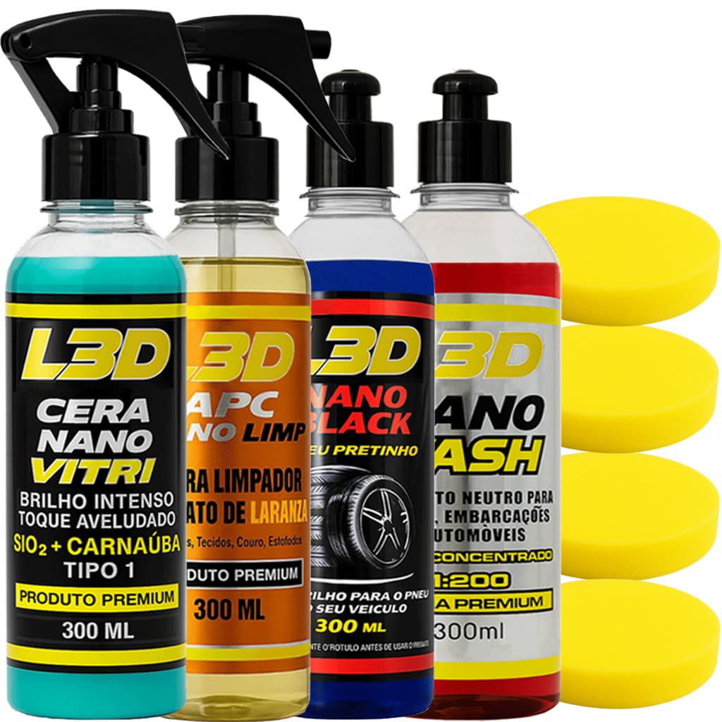 Kit de produtos automotivos L3D com cera nano, limpador e higienizador APC, 300ml cada