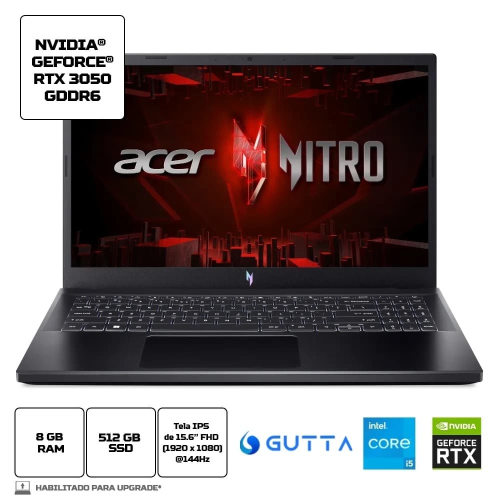 Notebook Gamer Acer Nitro V ANV15-51-57WS Ci5 13420H 15.6" RTX3050 512GB 8GB Linux + Ubook - Kit 20 Livros Digitais Geek