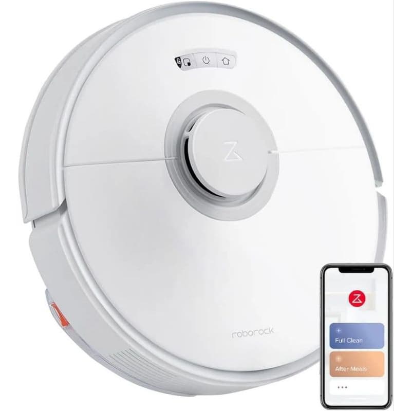 Robô aspirador Roborock Q7 Séries em fundo branco com interface de aplicativo