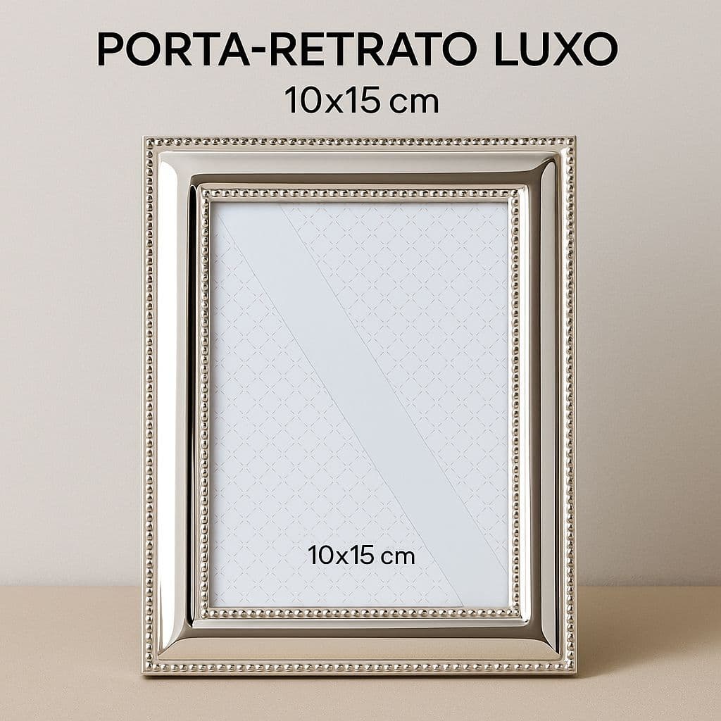Porta-retratos 10x15 cm prata com acabamento sofisticado para mesa ou aparador