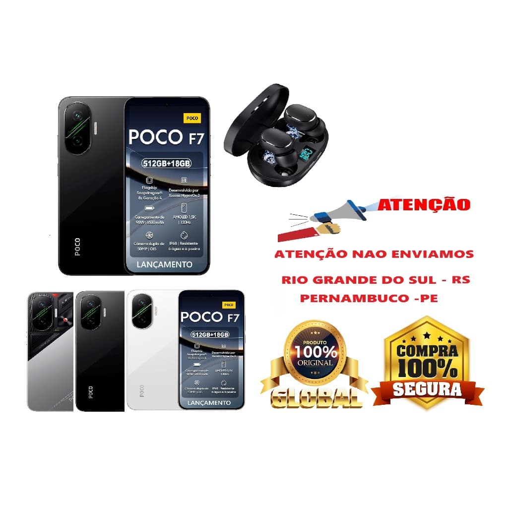Xiaomi Poco F7 512 GB 12 RAM com fones de ouvido, vários modelos de cores