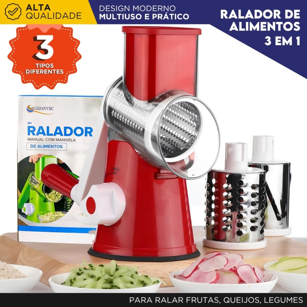 Ralador de legumes giratório 3 em 1 vermelho com três lâminas para queijo e legumes