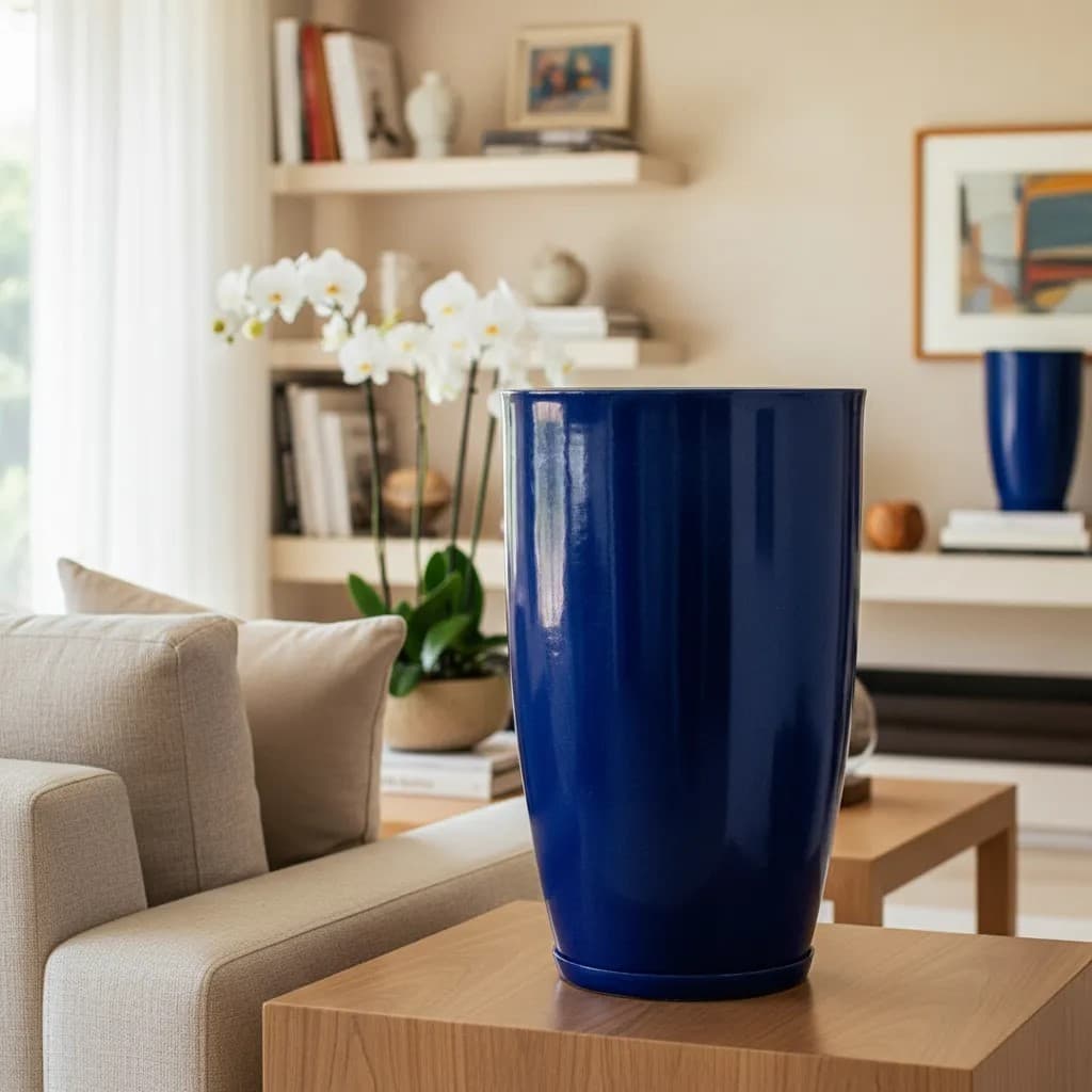 Vaso grande azul polietileno marmorizado para plantas - ideal para decoração de hall de entrada ou área gourmet