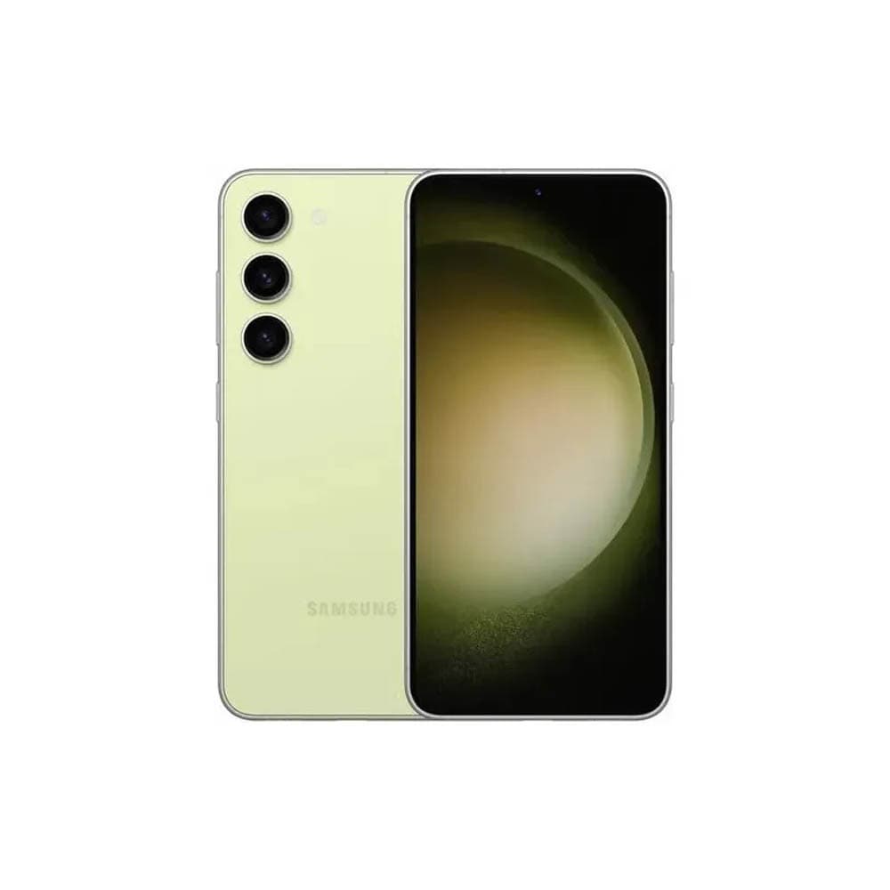 Smartphone Samsung Galaxy S23 verde claro com câmera tripla na lateral