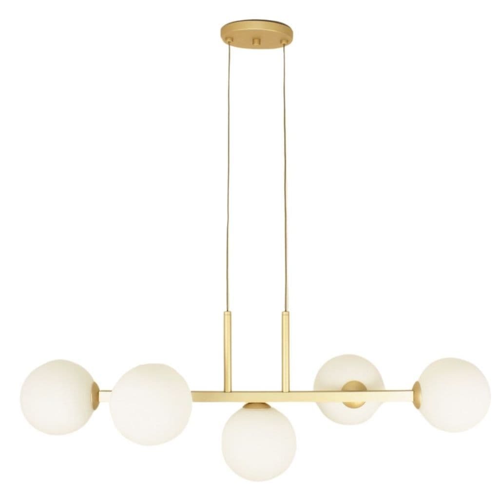 Luminária pendente de teto com cinco globos de vidro transparente e estrutura dourada