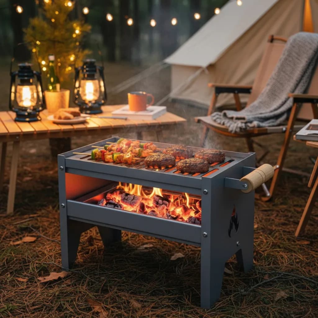 Churrasqueira Carvão Pequena Portátil Pequena Camping Pesca Cinza