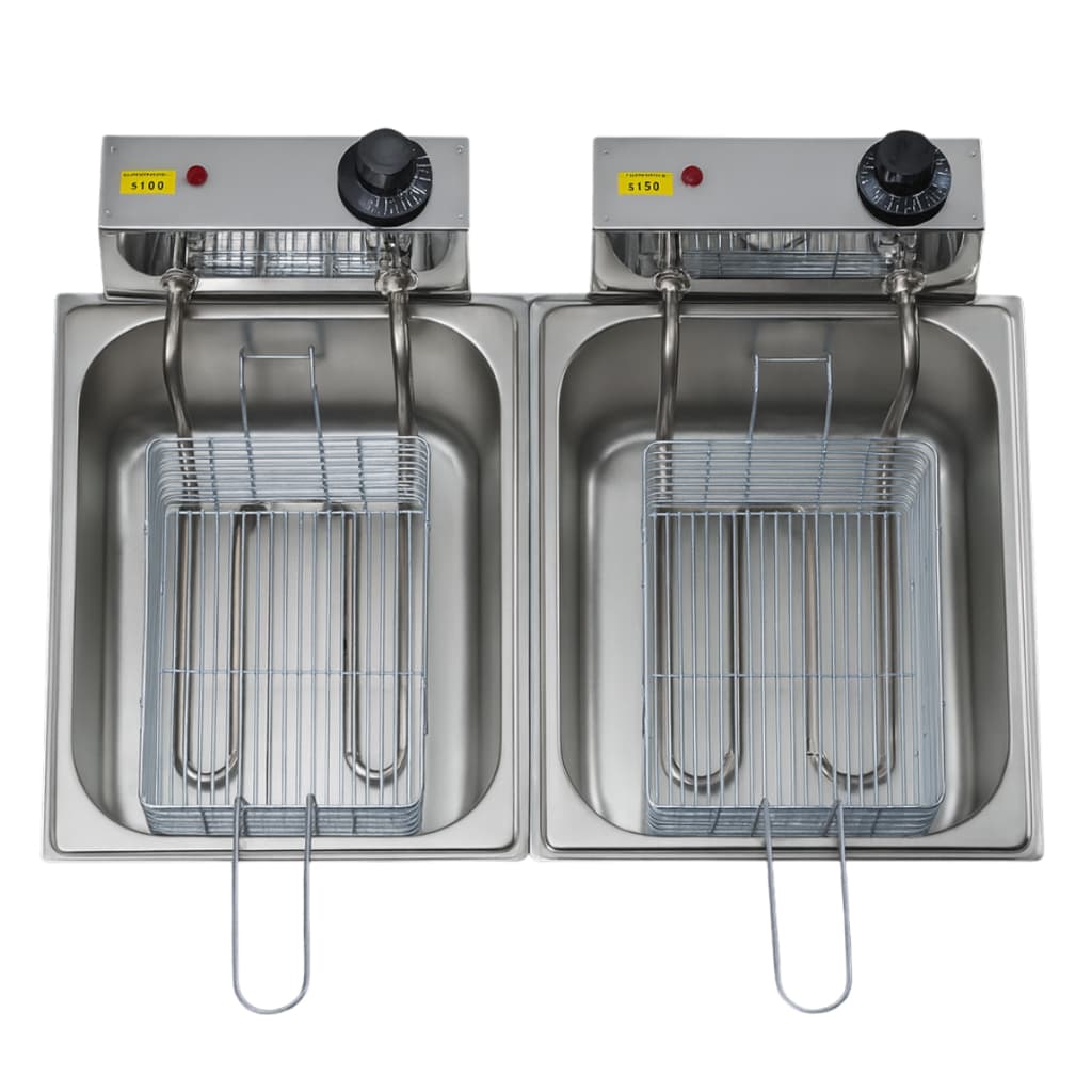 Fritadeira industrial com duas cubas de aço inoxidável, controles de temperatura e cestas removíveis.