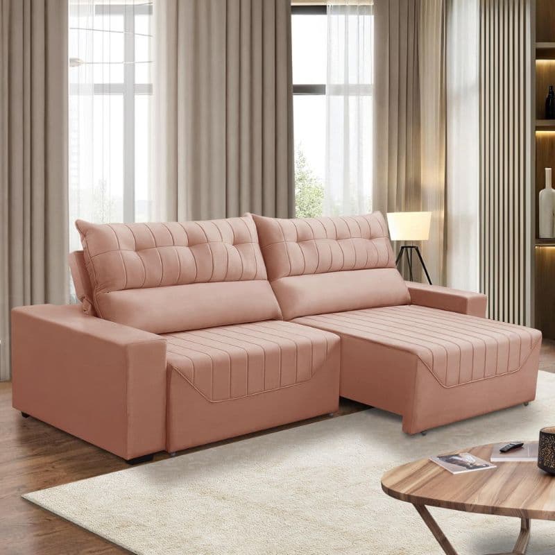 Sofá retrátil e reclinável rosa Antonella Adonai Estofados com design de canto e almofadas removíveis