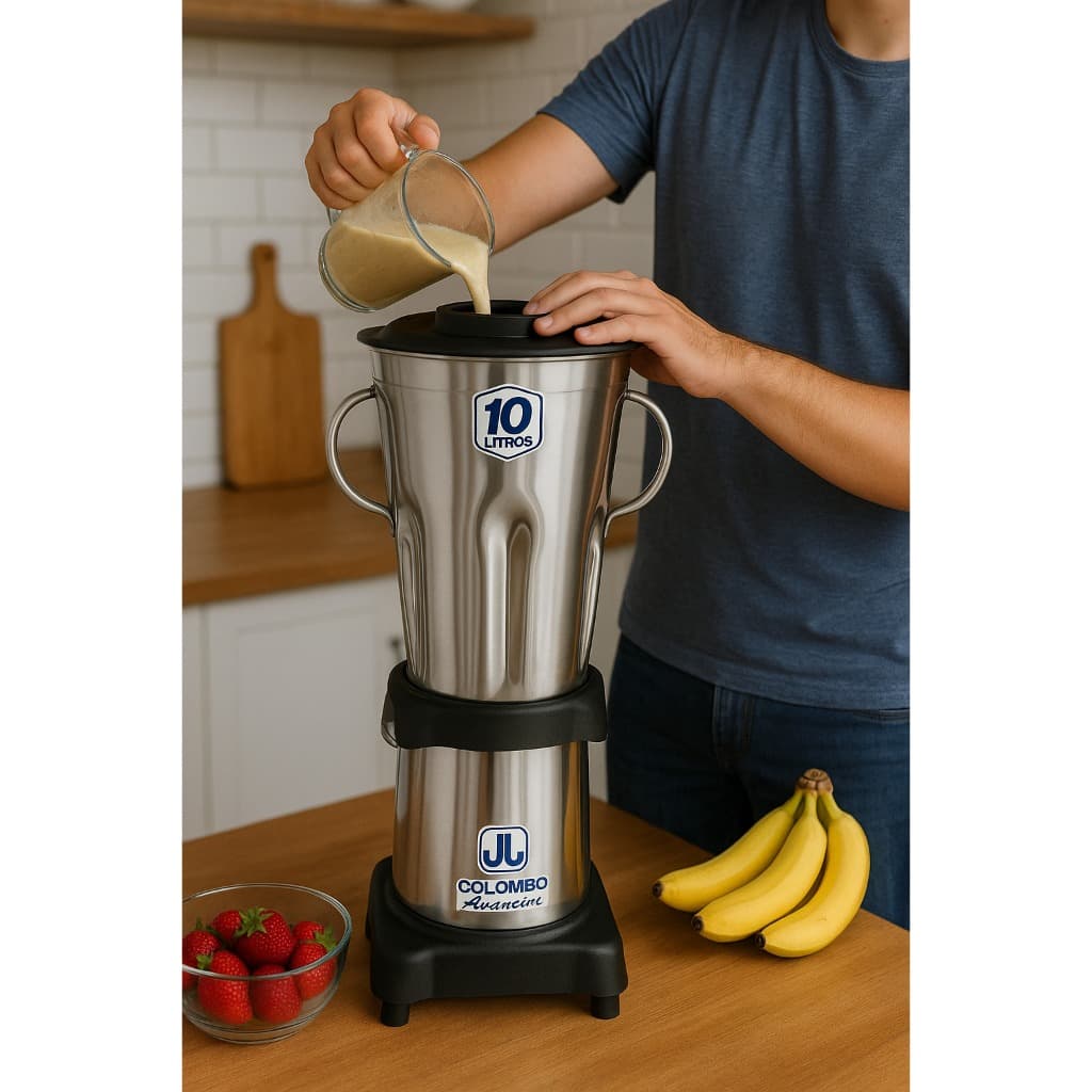 Liquidificador industrial reforçado de 10 litros com capacidade alta e durabilidade, em fundo de cozinha com frutas.