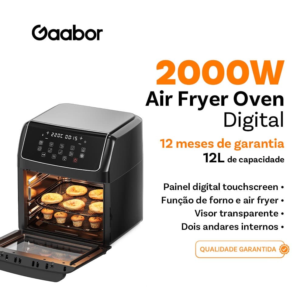 Fritadeira sem óleo Gaabor 220V Digital 1,2L preta com painel touchscreen e bandeja interna