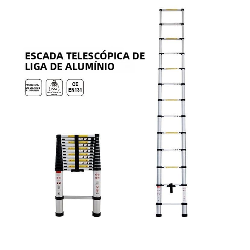 Escada telescópica de alumínio de 16 degraus, 5m, 150Kg, com certificações CE e EN131