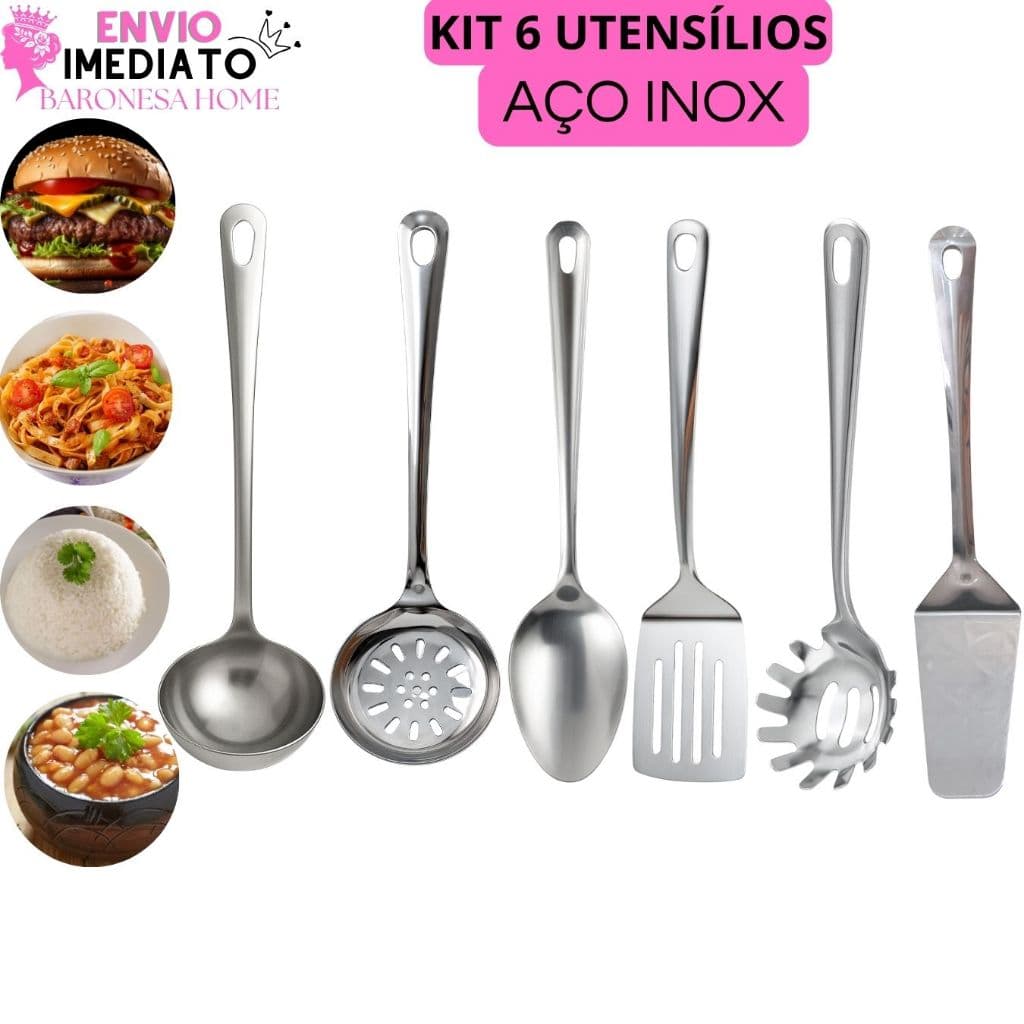 Kit utensílios cozinha 6 peças aço inox colher servir concha feijão escumadeira espátulas concha massas