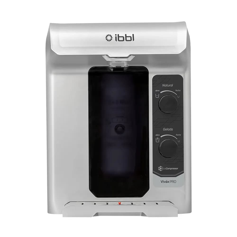 Purificador de Água Com Compressor Viváx Pro Prata - IBBL, em prata, contra fundo branco, com controles e logotipo.