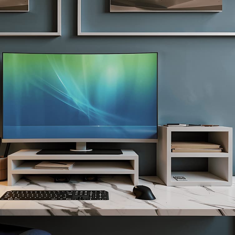 Suporte para tela de monitor com teclado e mouse em uma mesa com fundo azul