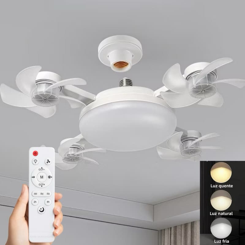 Ventilador de teto branco com quatro mini hélices, controle remoto e ajuste de luz LED E27