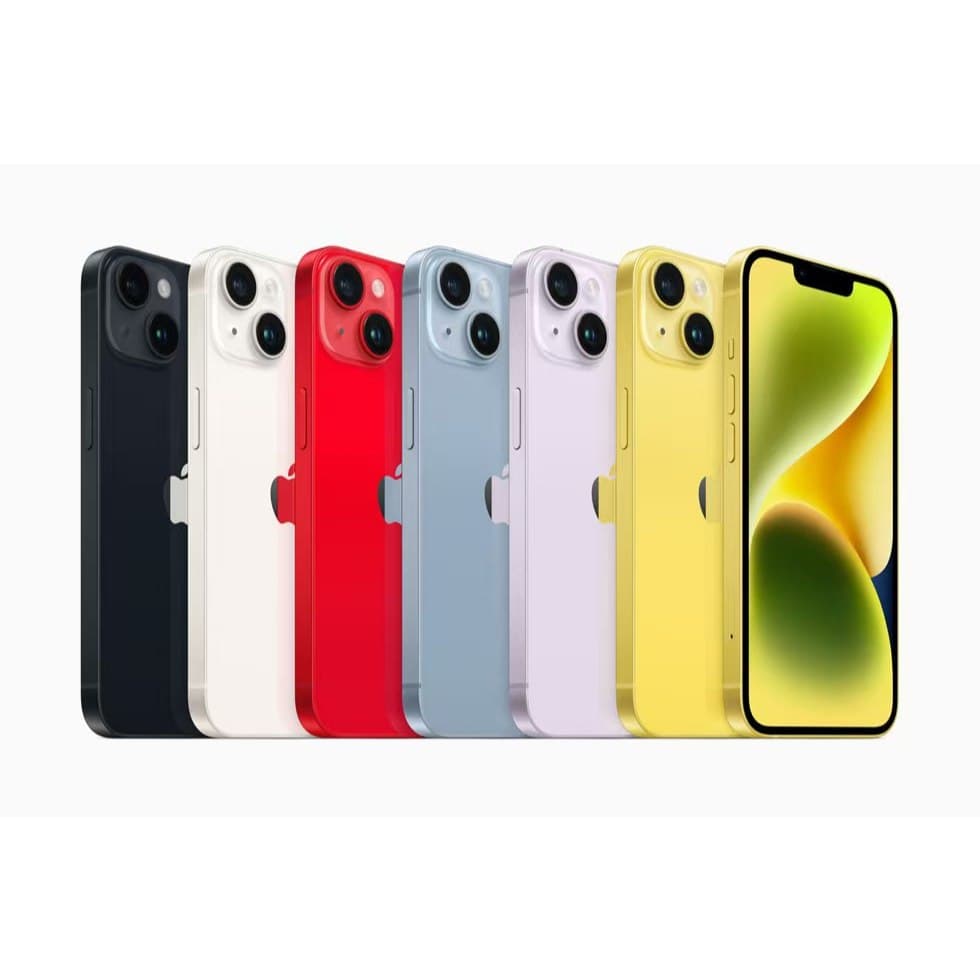 iPhone 14 Plus em várias cores: preto, branco, vermelho, azul, rosa e amarelo