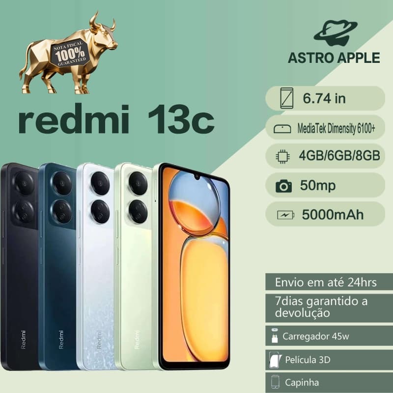 Promoção do smartphone Xiaomi Redmi 13C em várias cores com especificações detalhadas