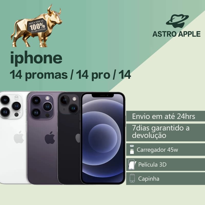 iPhone 14, 14 Pro e 14 Pro Max em cores branca, roxa e preta com garantia e acessórios