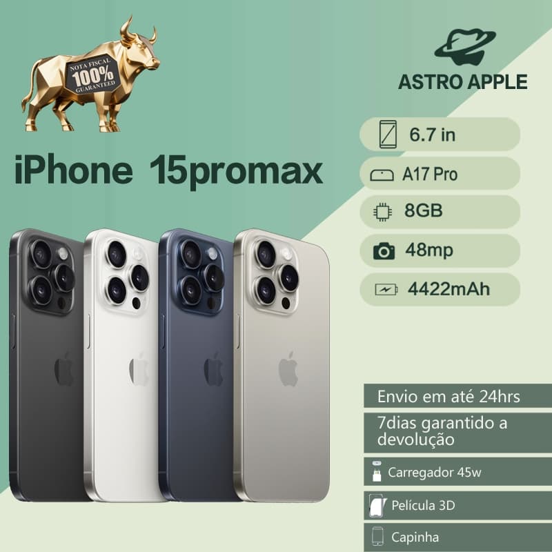 iPhone 15 Pro Max em quatro cores com especificações técnicas
