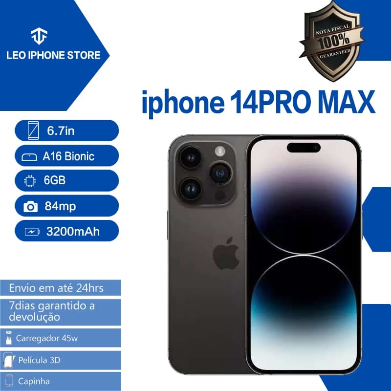 iPhone 14 Pro Max 128GB/256GB Original com Garantia, 6.7 polegadas, A16 Bionic, 6GB RAM, 84MP, 3200mAh