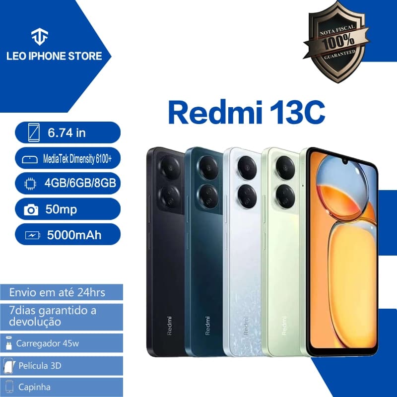 Anúncio do smartphone Xiaomi Redmi 13C em várias cores com especificações e garantia