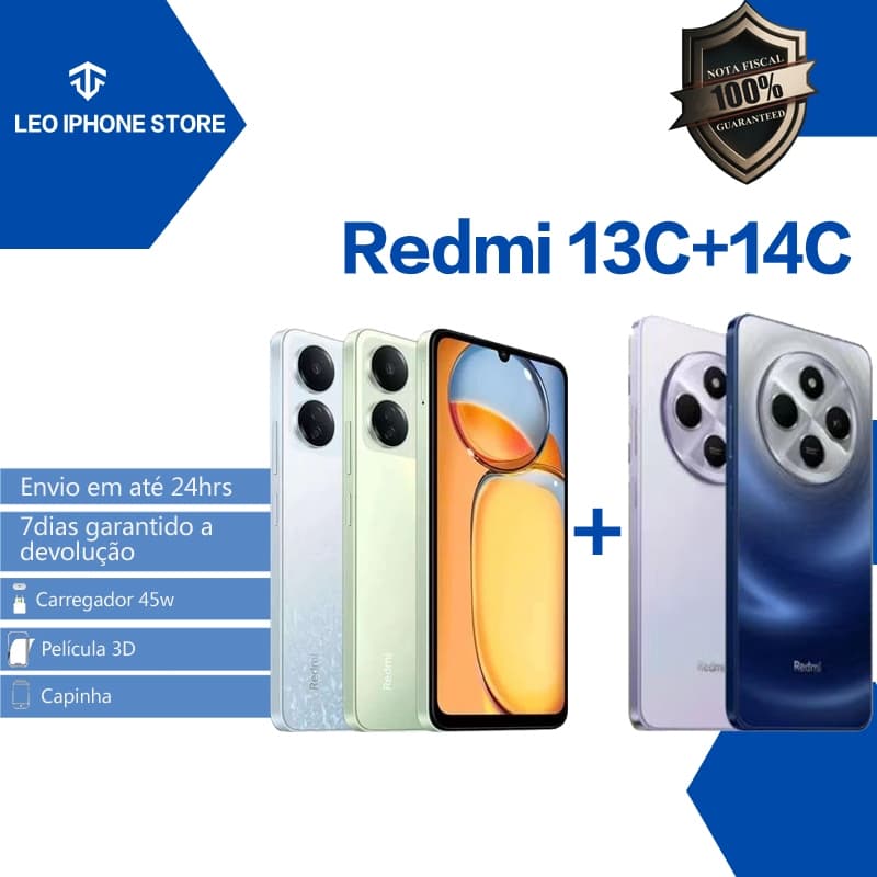 Anúncio do smartphone Xiaomi Redmi 13C e 14C em várias cores