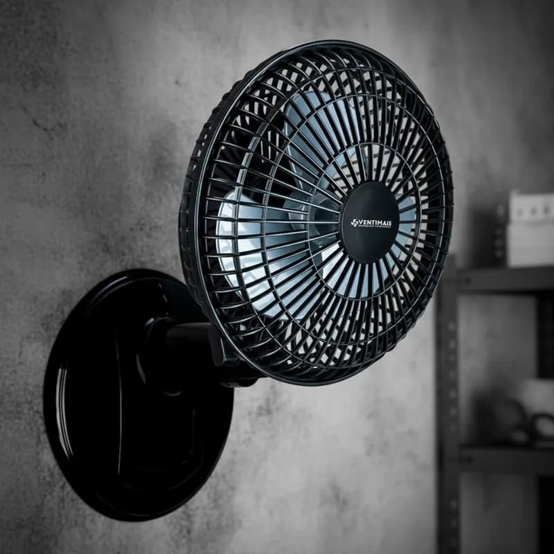 Ventilador de mesa e parede Mini Turbo 20cm preto montado na parede