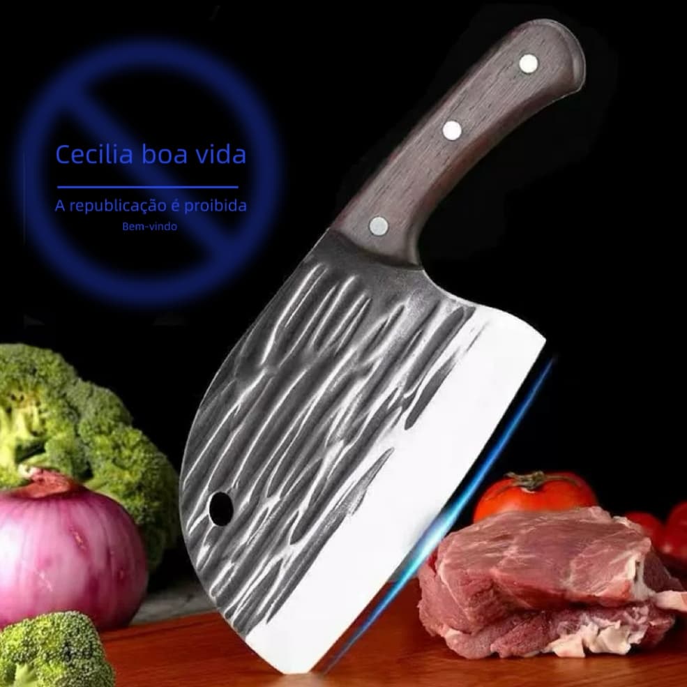 Faca de cozinha afiada com cabo marrom em fundo escuro