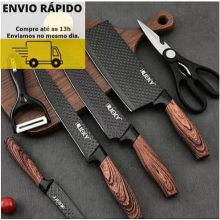 Conjunto de facas inox 6 peças com cabo reforçado, incluindo descascador, tesoura e cutelo, em fundo cinza com tomate vermelho.