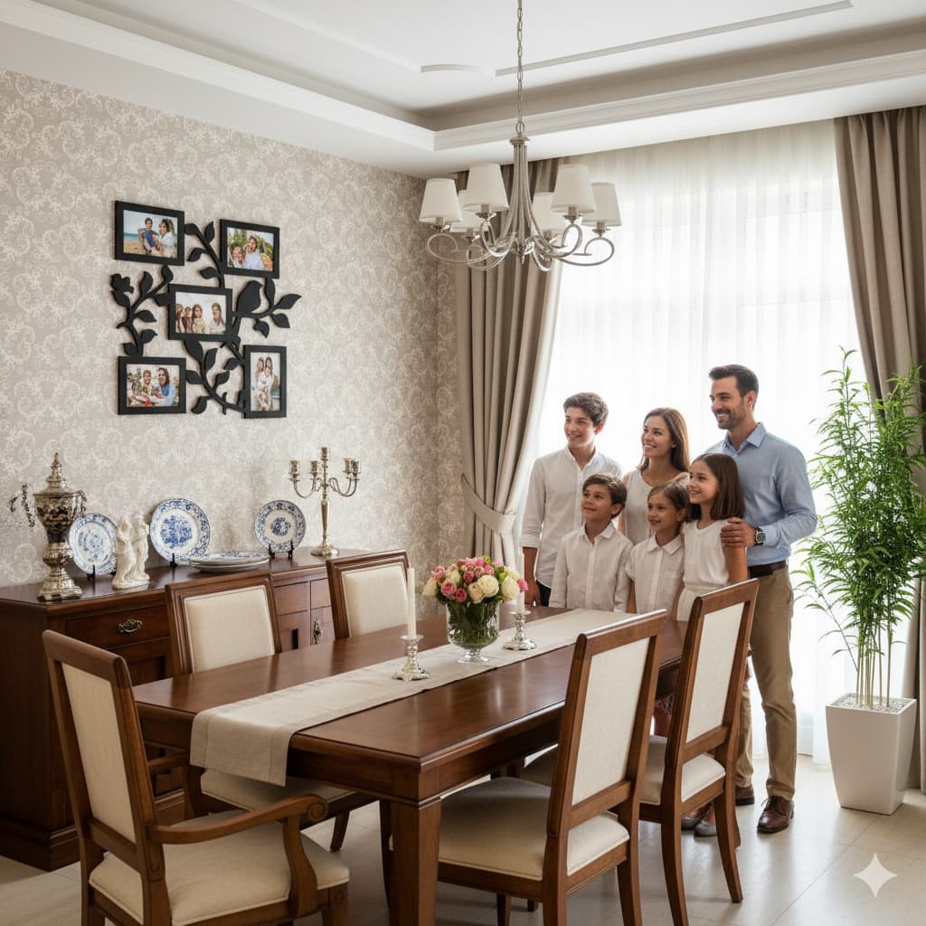 Família reunida em volta de uma mesa de jantar com decoração elegante e uma parede com decoração de fotos em forma de árvore.