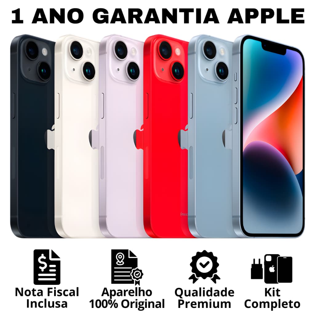 iPhone 14 128GB novo lacrado com capas transparentes, garantia Apple, nota fiscal, qualidade premium e kit completo