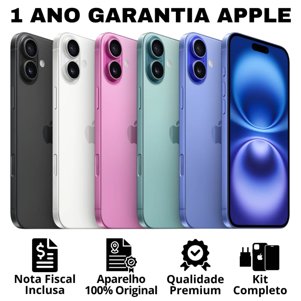 iPhone 16 em várias cores com garantia Apple de 1 ano