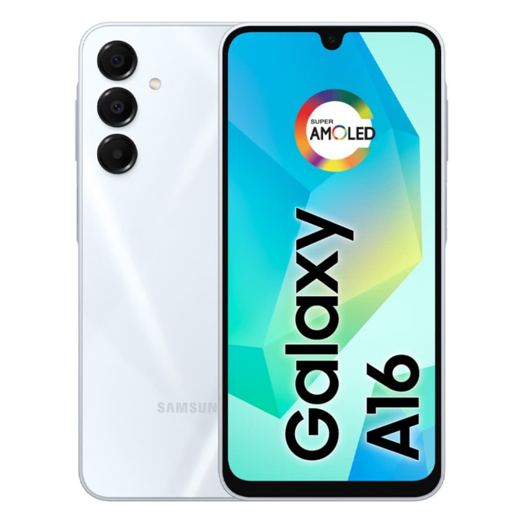 Smartphone Samsung Galaxy A16 cinza com tela AMOLED, câmera tripla e logo da Samsung