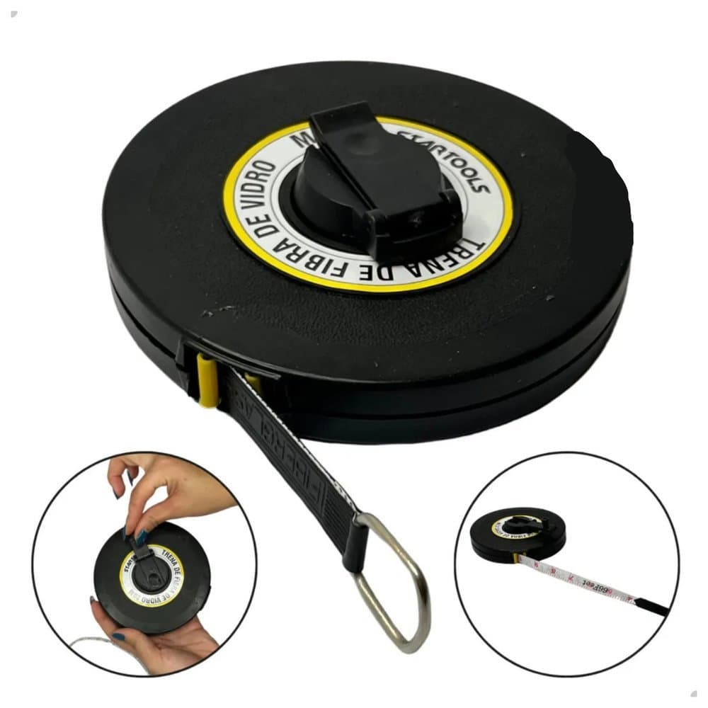 Trena métrica de 10m em fibra de vidro, preta, com fita métrica desenrolada e botão de travamento. Ideal para medições precisas.